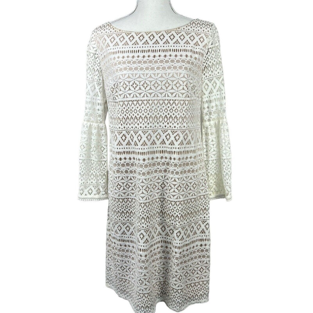 Eliza J Ivory Cream Lace Overlay Sheath Dress Size 8 Bell Sleeves
